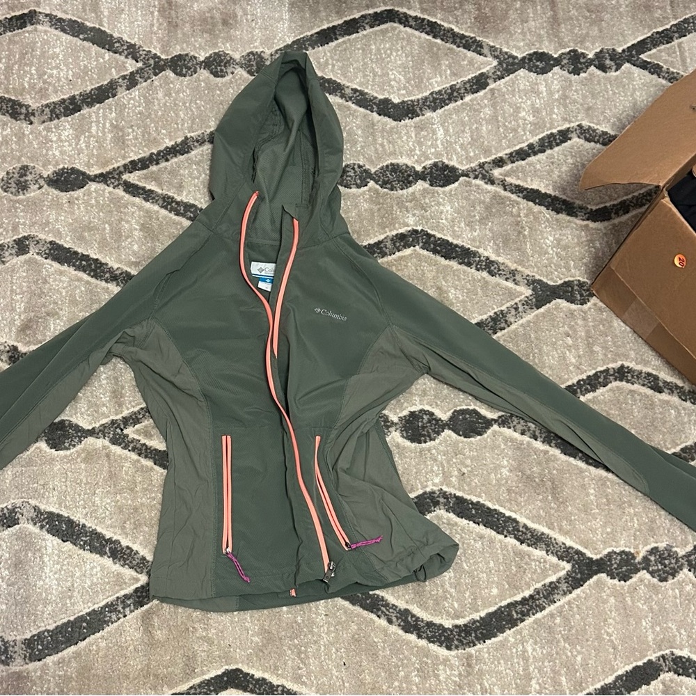Columbia Women's Olive Rain Jacket with Coral Accents